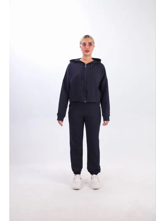 iki iplik Kapüşonlu Fermuarlı Crop Oversize Hırka Takım- Lacivert iki iplik Kapüşonlu Fermuarlı Crop Oversize Hırka Takım- Lacivert