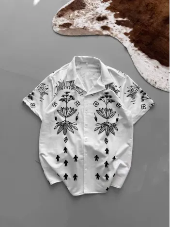 İki İplik Kumaş Baskılı Gömlek - Beyaz İki İplik Kumaş Baskılı Gömlek - Beyaz