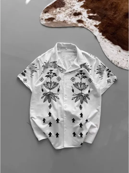 İki İplik Kumaş Baskılı Gömlek - Beyaz İki İplik Kumaş Baskılı Gömlek - Beyaz