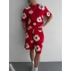 İki İplik Kumaş Baskılı T-shirt Şortlu Takım- Kırmızı İki İplik Kumaş Baskılı T-shirt Şortlu Takım- Kırmızı