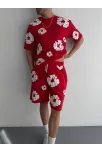 İki İplik Kumaş Baskılı T-shirt Şortlu Takım- Kırmızı İki İplik Kumaş Baskılı T-shirt Şortlu Takım- Kırmızı