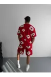 İki İplik Kumaş Baskılı T-shirt Şortlu Takım- Kırmızı İki İplik Kumaş Baskılı T-shirt Şortlu Takım- Kırmızı