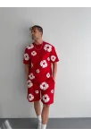 İki İplik Kumaş Baskılı T-shirt Şortlu Takım- Kırmızı İki İplik Kumaş Baskılı T-shirt Şortlu Takım- Kırmızı