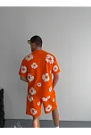 İki İplik Kumaş Baskılı T-shirt Şortlu Takım- Turuncu