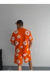 İki İplik Kumaş Baskılı T-shirt Şortlu Takım- Turuncu İki İplik Kumaş Baskılı T-shirt Şortlu Takım- Turuncu