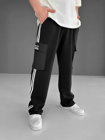 İki İplik Kumaş Kargo Cepli Şeritli Alt Esofman - Siyah İki İplik Kumaş Kargo Cepli Şeritli Alt Esofman - Siyah