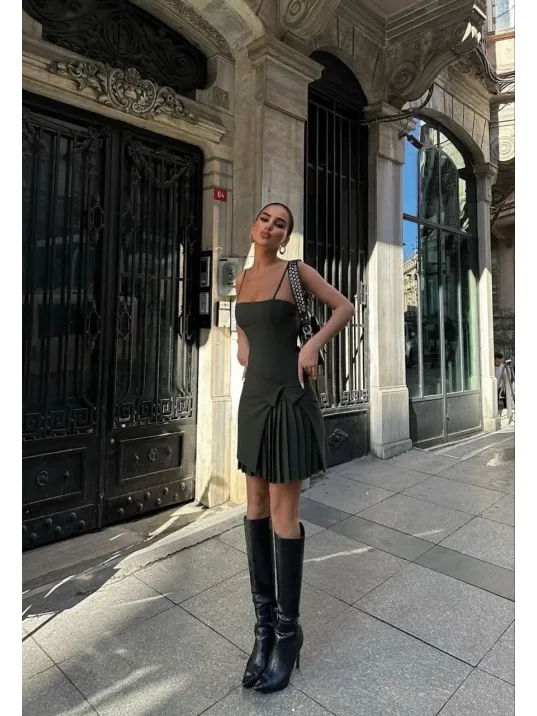 İki Parçalı Pileli Askılı Kadın Mini Elbise - Haki