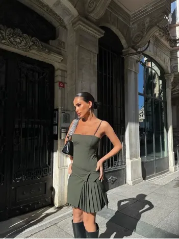 İki Parçalı Pileli Askılı Kadın Mini Elbise - Haki İki Parçalı Pileli Askılı Kadın Mini Elbise - Haki