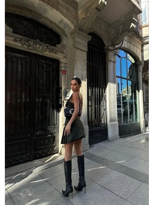 İki Parçalı Pileli Askılı Kadın Mini Elbise - Haki