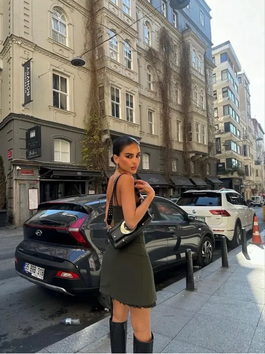 İki Parçalı Pileli Askılı Kadın Mini Elbise - Haki