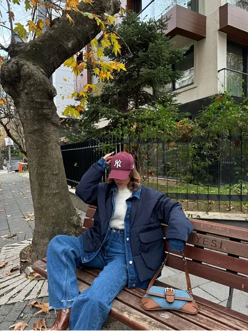Jeans Detaylı Cıtcıtlı Ceket Mont - Lacivert