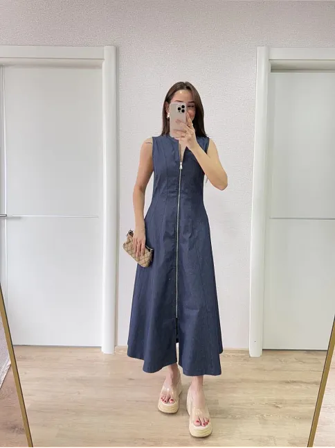 Jeans Kot Önü Tam Fermuarlı Kadın Uzun Elbise - Mavi