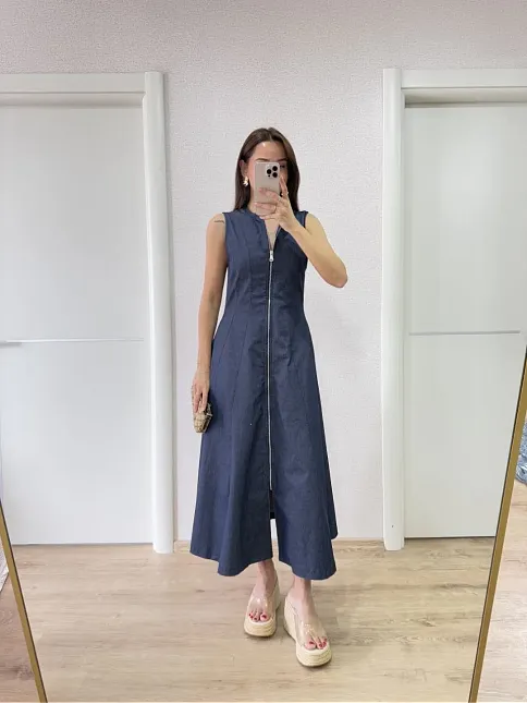 Jeans Kot Önü Tam Fermuarlı Kadın Uzun Elbise - Mavi