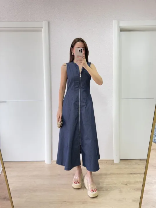 Jeans Kot Önü Tam Fermuarlı Kadın Uzun Elbise - Mavi Jeans Kot Önü Tam Fermuarlı Kadın Uzun Elbise - Mavi