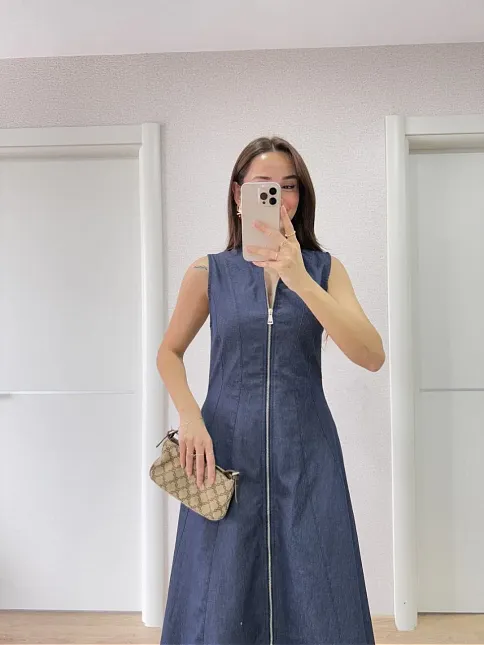 Jeans Kot Önü Tam Fermuarlı Kadın Uzun Elbise - Mavi