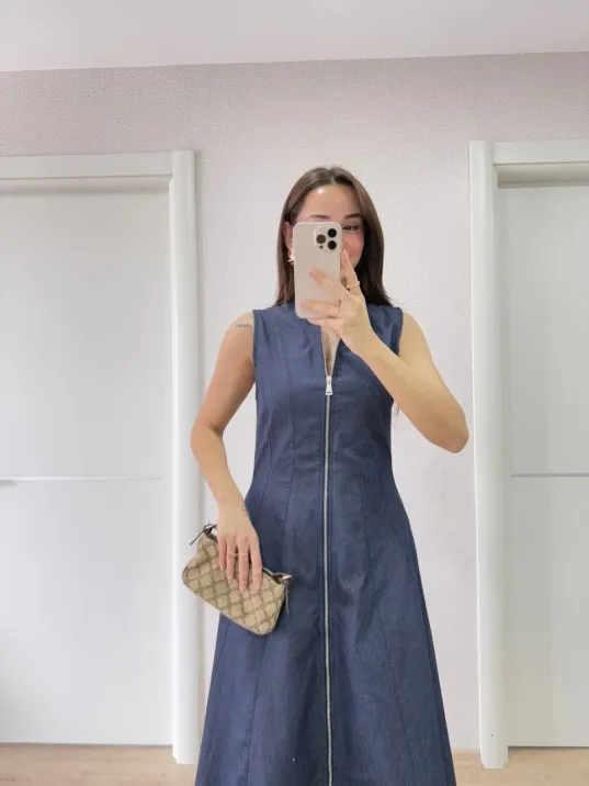 Jeans Kot Önü Tam Fermuarlı Kadın Uzun Elbise - Mavi Jeans Kot Önü Tam Fermuarlı Kadın Uzun Elbise - Mavi