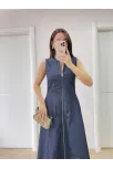 Jeans Kot Önü Tam Fermuarlı Kadın Uzun Elbise - Mavi