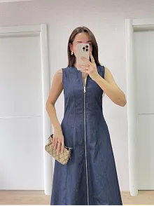 Jeans Kot Önü Tam Fermuarlı Kadın Uzun Elbise - Mavi