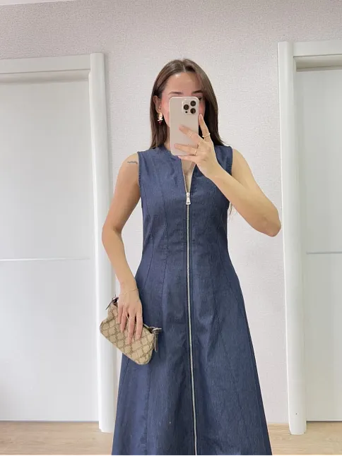 Jeans Kot Önü Tam Fermuarlı Kadın Uzun Elbise - Mavi