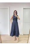 Jeans Kot Önü Tam Fermuarlı Kadın Uzun Elbise - Mavi