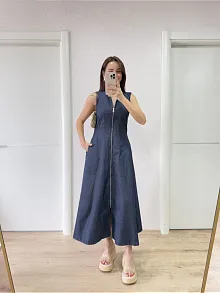 Jeans Kot Önü Tam Fermuarlı Kadın Uzun Elbise - Mavi