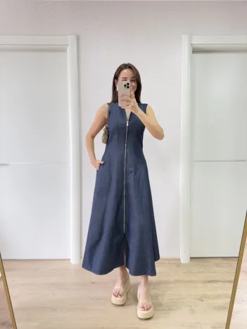 Jeans Kot Önü Tam Fermuarlı Kadın Uzun Elbise - Mavi