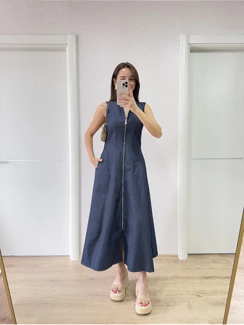 Jeans Kot Önü Tam Fermuarlı Kadın Uzun Elbise - Mavi