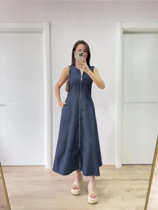 Jeans Kot Önü Tam Fermuarlı Kadın Uzun Elbise - Mavi Jeans Kot Önü Tam Fermuarlı Kadın Uzun Elbise - Mavi