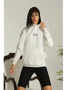 Kadın 24 Sırt Baskılı Ovresize Üç İplik Kapüşonlu Sweatshirt - Beyaz