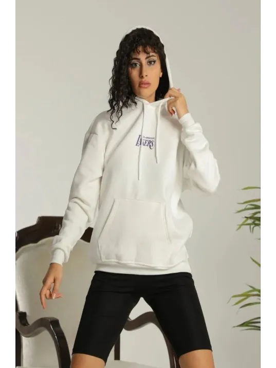 Kadın 24 Sırt Baskılı Ovresize Üç İplik Kapüşonlu Sweatshirt - Beyaz Kadın 24 Sırt Baskılı Ovresize Üç İplik Kapüşonlu Sweatshirt - Beyaz