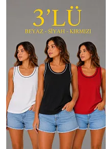 Kadın 3’lü Kolsuz Sporcu Atlet Seti Yazlık Bisiklet Yakalı - Beyaz, Siyah, Kırmızı