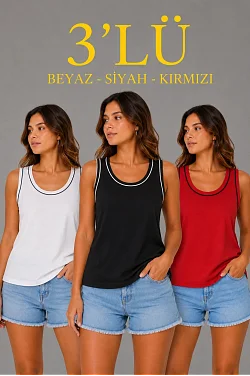 Kadın 3’lü Kolsuz Sporcu Atlet Seti Yazlık Bisiklet Yakalı - Beyaz, Siyah, Kırmızı