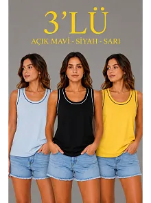 Kadın 3’lü Kolsuz Sporcu Atlet Seti Yazlık Bisiklet Yakalı - Sarı, Siyah, Bebe Mavisi