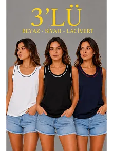 Kadın 3’lü Kolsuz Sporcu Atlet Seti Yazlık Bisiklet Yakalı - Siyah, Lacivert, Beyaz