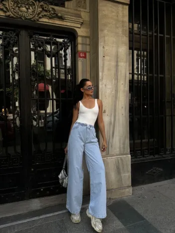 Kadın Arkadan Yırtmaçlı Jeans Kot Palazzo Pantolon - Mavi Kadın Arkadan Yırtmaçlı Jeans Kot Palazzo Pantolon - Mavi