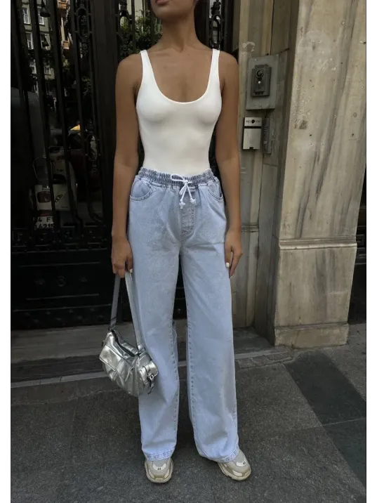 Kadın Arkadan Yırtmaçlı Jeans Kot Palazzo Pantolon - Mavi