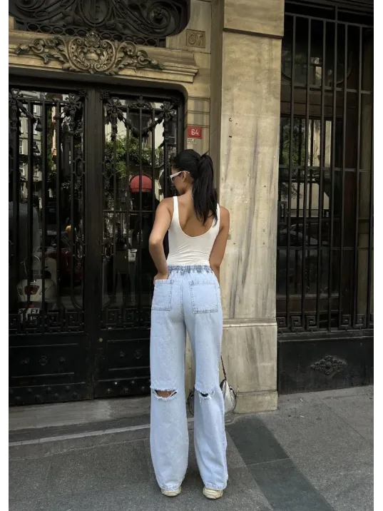 Kadın Arkadan Yırtmaçlı Jeans Kot Palazzo Pantolon - Mavi