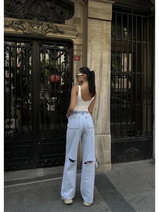 Kadın Arkadan Yırtmaçlı Jeans Kot Palazzo Pantolon - Mavi