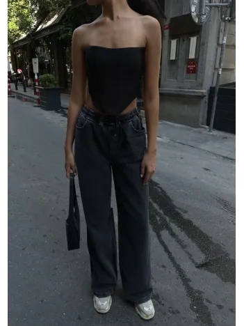 Kadın Arkadan Yırtmaçlı Jeans Kot Palazzo Pantolon - Siyah Kadın Arkadan Yırtmaçlı Jeans Kot Palazzo Pantolon - Siyah