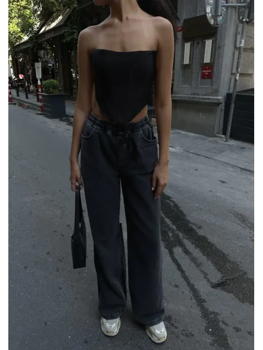 Kadın Arkadan Yırtmaçlı Jeans Kot Palazzo Pantolon - Siyah Kadın Arkadan Yırtmaçlı Jeans Kot Palazzo Pantolon - Siyah