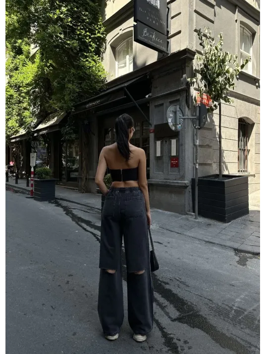 Kadın Arkadan Yırtmaçlı Jeans Kot Palazzo Pantolon - Siyah
