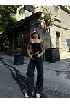 Kadın Arkadan Yırtmaçlı Jeans Kot Palazzo Pantolon - Siyah