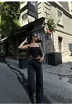 Kadın Arkadan Yırtmaçlı Jeans Kot Palazzo Pantolon - Siyah