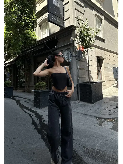 Kadın Arkadan Yırtmaçlı Jeans Kot Palazzo Pantolon - Siyah