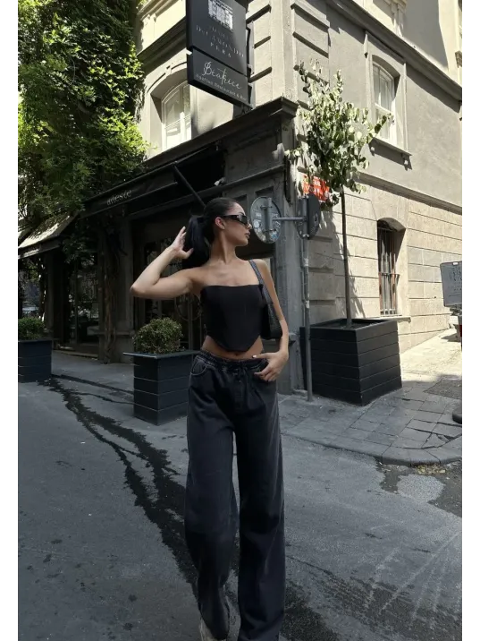 Kadın Arkadan Yırtmaçlı Jeans Kot Palazzo Pantolon - Siyah