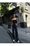 Kadın Arkadan Yırtmaçlı Jeans Kot Palazzo Pantolon - Siyah