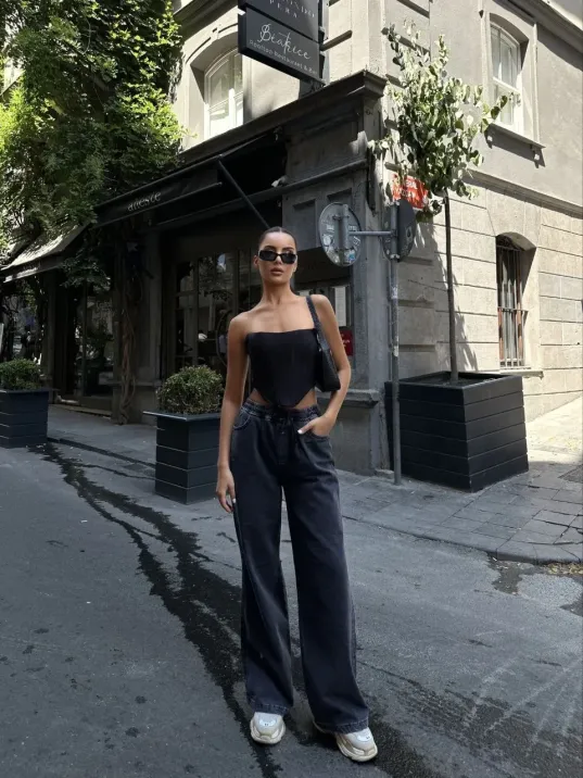 Kadın Arkadan Yırtmaçlı Jeans Kot Palazzo Pantolon - Siyah