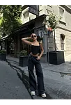 Kadın Arkadan Yırtmaçlı Jeans Kot Palazzo Pantolon - Siyah