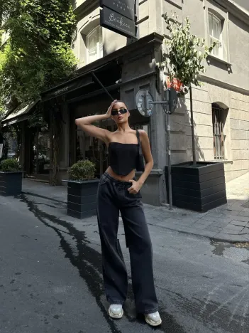 Kadın Arkadan Yırtmaçlı Jeans Kot Palazzo Pantolon - Siyah