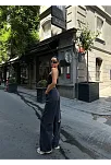 Kadın Arkadan Yırtmaçlı Jeans Kot Palazzo Pantolon - Siyah